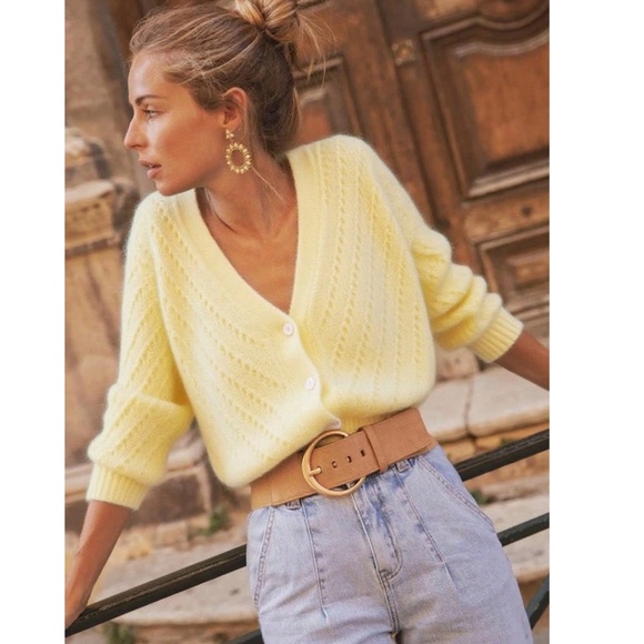 V-Cut Buttoned Down Yellow Knit Cardigan Textured, Long Sleeve - Picture 5 of 6